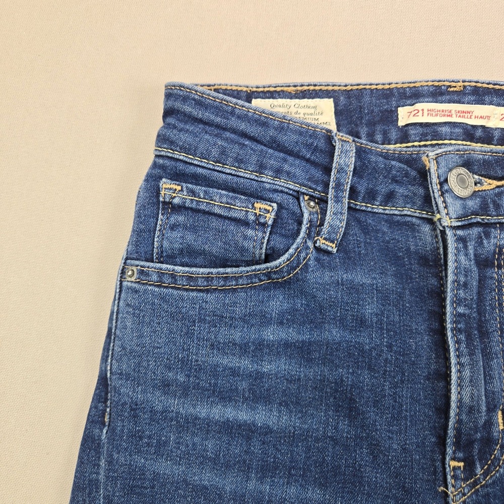 Levi's 721 Big E‎ High Rise Skinny Distressed Dark Wash Blue Womens Size 24x30 - Picture 7 of 16